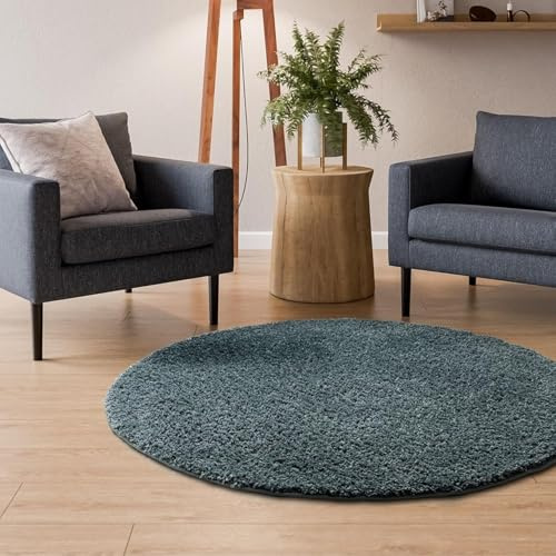Interiyou Hochflor Teppich Sofia - 120x120 cm Rund Blau - flauschig und einfarbig - waschbar und rutschfest - weicher Langflor