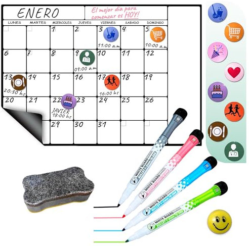 toots - Calendario Magnético para Nevera A3 (42x30) con 8 Imanes de eventos, 4 Marcadores, Emoji y Borrador, Pizarra Organizadora para Cocina, Planificador Semanal o Mensual, Menú, Compras y Familia.