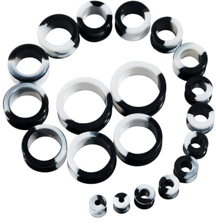 Longbeauty 20er Set/10 Paare Hart Silikon Tunnel Set Dehnungsset Ohr Piercing Schmuck Double Flared Stretching Expander 6MM-25MM, Weiß & Schwarz