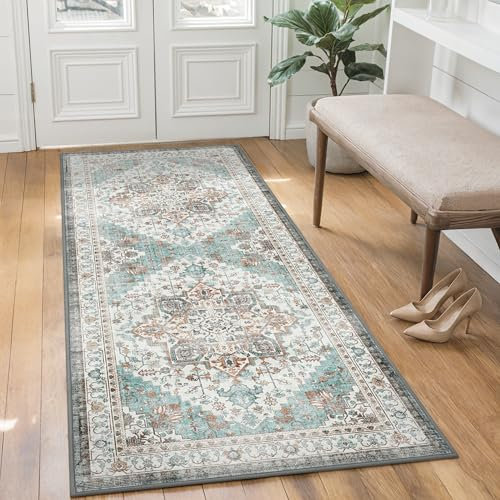 BEIMO Tapis de Salon 60x120CM Oriental - Tapis Vintage à Poils Courts Tapis de Chambre Adulte Tapis Dessin Antidérapant Tapis Vert