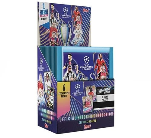 Topps UEFA Champions League Sticker 24/25 - Full Box (50 Päckchen/300 Sticker). 1 Hero Pack garantiert in jeder Full Box.