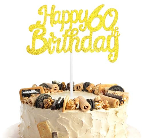 AIVEKE Happy 60th Birthday Cake Toppers Gold - 60th Birthday Cake Decorations Happy Birthday Cake Cupcake Topper for Men Women 60th Birthday Cake Party Decorations