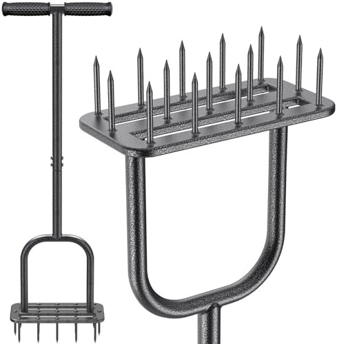 BeneLabel Lawn Aerator Spike, Manual Grass Aerating Tool Long Handle Garden Plugger Heavy Duty Aeration Spike with 15 Spikes & Non-Slip Grip for Loosening Compacted Soil/Black