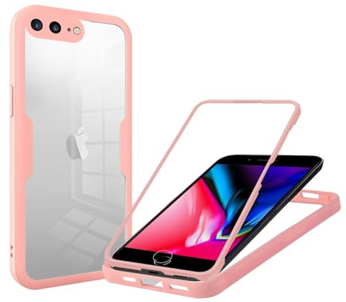 SLWYF Compatible with iPhone 7 Plus/iPhone 8 Plus Case [Built-in Glass Screen Protector] Touch Full Body 360 Shockproof TPU Stylish Bumper Transparent Back Case Cover for iPhone 7/8 Plus (Pink)