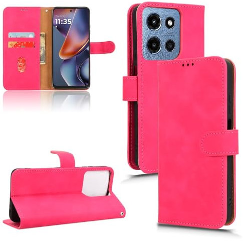 Phone Flip Case Étui portefeuille compatible avec Motorola Moto G 5G 2025 avec porte-cartes, étui à rabat en cuir PU avec dragonne, housse de protection antichoc Couverture arrière du smartphone(Rose