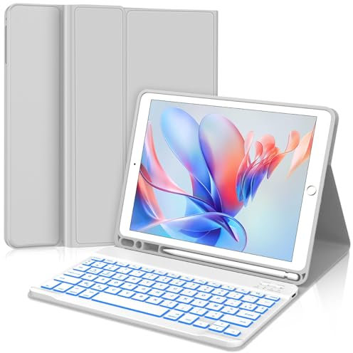 WINCHKING Clavier pour iPad 9 ème - Coque Clavier pour iPad 10,2 Pouces (9ème 2021 / 8ème 2020 / 7ème 2019), Rétroéclairage 7 Couleurs, AZERTY, (Gris Clair)