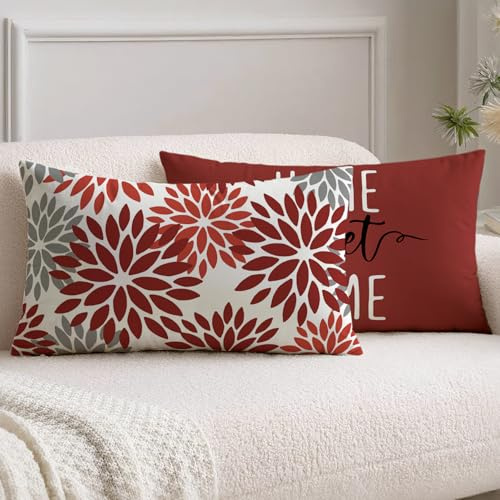 Vorysum Outdoor Kissen 30x50 cm 2er Set Rot Modern Kissenbezüge Dahlien Kissenbezug Blumen Dekorative Sofakissen Samt Optik für Garten Sofa Wohnzimmer Bett Doppelseitiges Muster