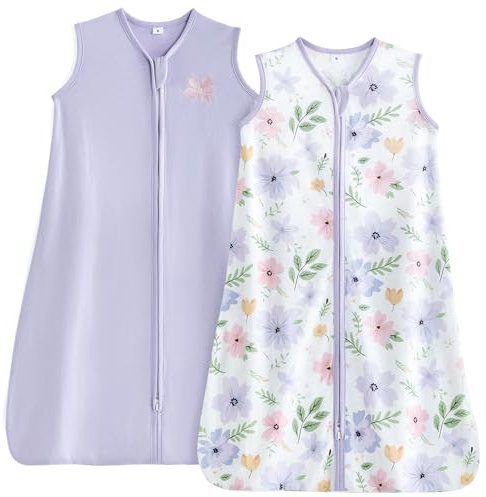 TILLYOU 2er Set Sommerschlafsack Baby 0.5 Tog 100% Baumwolle Baby Schlafsack 6-12 Monate Sommer Babyschlafsack, Blumen und Lila