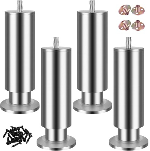 SHUIOG Lot de 4 pieds de meubles en acier inoxydable - Pieds de meuble en métal réglables en hauteur - Pieds ronds pour meubles, table, lit, armoire, canapé, armoire - M8, 20 cm (acier inoxydable M10