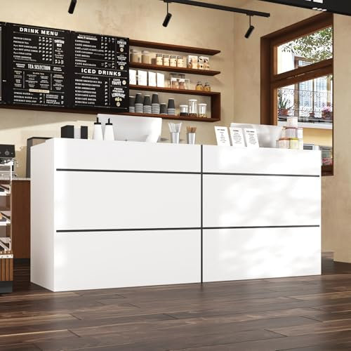 Caldion Empfangstheke, Rezeptionstheke, Empfangstresen,Rezeption-Tisch, Rezeptionsmöbel,Weiß und Schwarze Linien, Bürorezeption mit Ablagefächern, Schreibtisch und Aktenschrank,220x60x100 cm