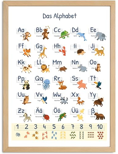 SpecialMe® Poster Alphabet für Kinder Lernposter Buchstaben Zahlen ABC Tiere Geschenk Einschulung Lernen | DIN A5, A4, A3