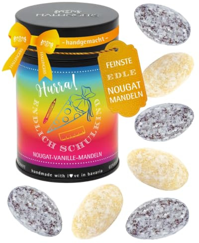 Hallingers Genuss Manufaktur Nougat-Mandeln Glückwunsch-Geschenk - von Hand in der Manufaktur schokoliert ohne Alkohol in der Geschenkdose Hurra! Endlich ..., Geschenkidee für Jungs Mädchen