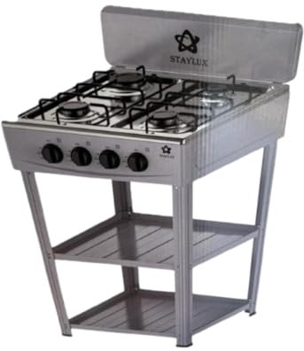 Fornello a Gas 4 Fuochi Cucinotto Con Supporto 2 Ripiani in Acciaio Cucina Da Campeggio Larghezza 49 x Profondità 49 x Altezza 82,3 cm Inox