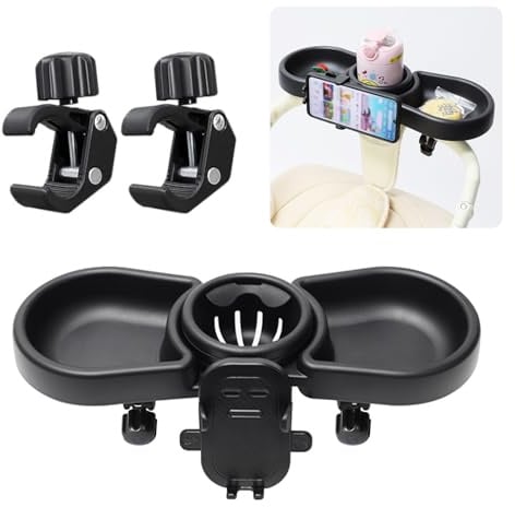 Vihir Kinderwagen Tablett, 4-in-1 Snack Tablett für Kinderwagen | Universeller Kinderwagen Snack Tray mit Getränkehalter, 360° Drehbares verstellbarem Clip & Handyhalteru