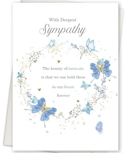 MOROLURU Sympathy Cards with Blue Butterfly Design, Elegant Condolence Greeting Card for Loss, Double-Sided 8 x 5.3 Inch with Envelope