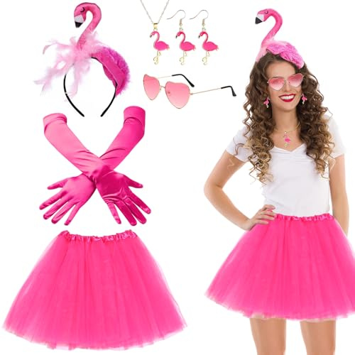UGBO Flamingo Kostüm Damen Karneval Kostüm Accessorie mit Flamingo Haarreif Tüllrock Rosa Handschuhe Herzförmige Sonnenbrille Ohrringe Halskette Karnevalskostüme für Hawaii Party