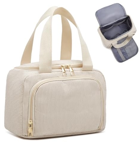 Funtlend Kulturtasche Damen aus Cord,Kosmetiktasche Organizer mit Weit öffnendem Design & 6L Stauraum,mit Pinselfach & Aufhängegriff, Waschbar (Beige)