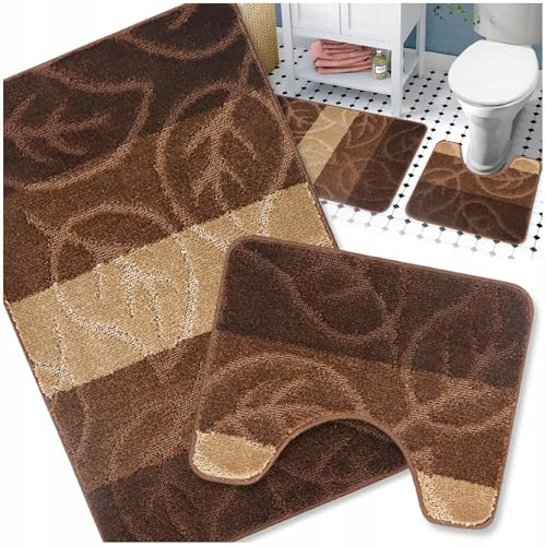 Decorator HOME Badteppich Set 2-TLG. Blätter Braun – rutschfest & Weich, Badematte für Badezimmer Teppich 50x80 cm & 50x40 cm - Ideal für Fußbodenheizung