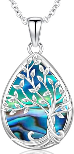 Odinstone Tree of Life Necklace 925 Sterling Silver Teardrop Family Tree Pendant Abalone Shell Celtic Jewellery Mothers Day Anniversary Birthday Gifts for Women Mother Mom