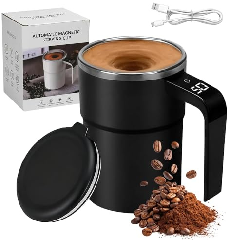 LUFEIS Selbstrührende Tasse, 380ml Automatische Magnetische Rührkaffeetasse, Magnetische Selbstrührende Tasse mit Temperaturanzeige, Selbstrührender Kaffeebecher Für Picknick Camping Hotel