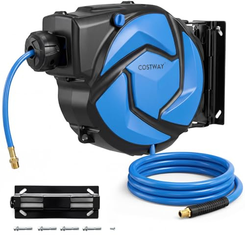 COSTWAY Retractable Air Hose Reel, 14m/15m + 1.5m Automatic Rewind Ceiling/Wall Mounted Reel with 180° Swivel Bracket & Brass Connector, 150/250 PSI Air Compressor Hose Reel (14m + 1.5m, 250 PSI)