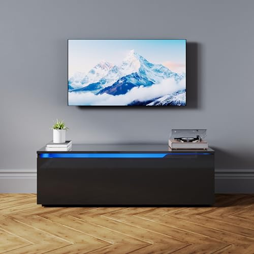 SONNI Lowboard mit LED (16 Farben), Hängend/Stehend, Schwarz, 100x35x30cm | TV-Schrank Hochglanz für Fernseher bis zu 43 Zoll, Fernsehtisch mit Klapptürfach, TV-Regal für Wohnzimmer, Schlafzimmer