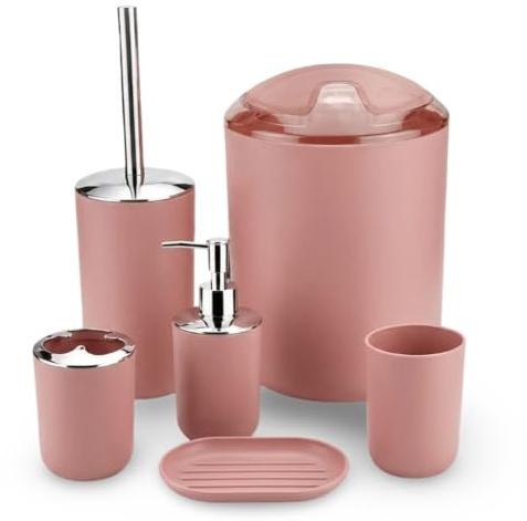VELVETIO 6 Piece Bathroom Accessories Set, Soap Dispenser, Toothbrush Holder, Tumbler Cup, Soap Dish, Toilet Brush & Bin, Modern Plastic Bathroom Set, Blush Pink
