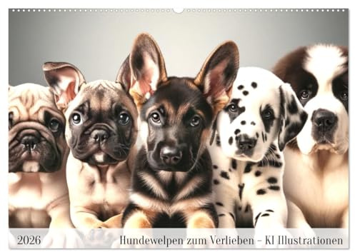 Hundewelpen zum Verlieben - KI Illustrationen (Wandkalender 2026 DIN A2 quer), CALVENDO Monatskalender: Erleben Sie eine Welt voller faszinierender Hundewelpenabenteuer! (CALVENDO Tiere)