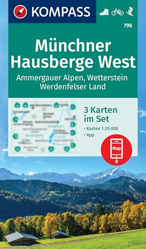 KOMPASS Wanderkarten-Set 796 Münchner Hausberge West, Ammergauer Alpen, Wetterstein, Werdenfelser Land (3 Karten) 1:25.000: inklusive Karte zur ... in der KOMPASS-App, Fahrradfahren, Skitouren