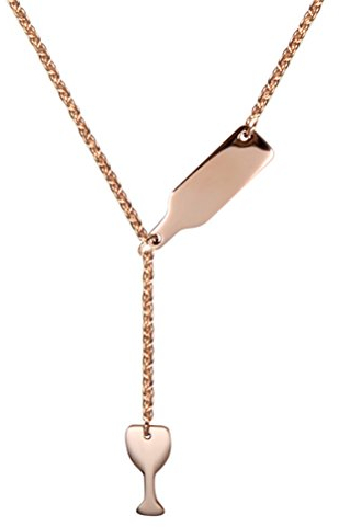 PAURO Damen Edelstahl Weinflasche Bierschale Anhänger Y Kette Halskette, Rose Gold