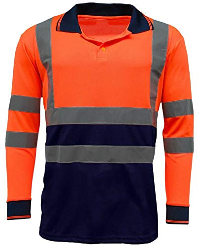 MyShoeStore Hi Viz Vis High Visibility Polo Shirt Reflective Tape Safety Security Work Button T-Shirt Breathable Lightweight Double Tape Workwear Top (Orange/Navy Long Sleeve, M)