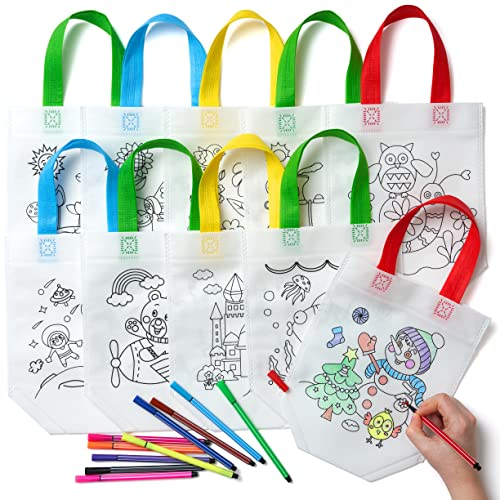 THE TWIDDLERS 10 Stoffbeutel zum Bemalen für Kinder + 10 Filzstifte - Kreatives Mitgebsel für Kindergeburtstag - DIY Stofftaschen/Geschenktüten (25x22cm) Bastel-Set