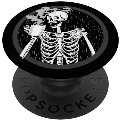 PopSockets Skeleton Drinking Coffee or Death Black with Gray Ring PopSockets PopGrip: Swappable Grip for Phones & Tablets