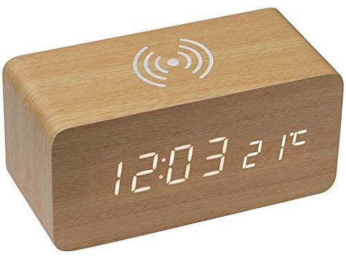 noTrash2003 Holz Wecker mit Induktions Ladegerät Wireless Charger mit Thermometer, Ladestation für Smartphones