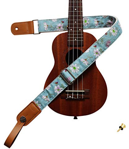 MUSIC FIRST Ukulelengurt, Vintage-Stil, blaues Gänseblümchen-Design, weiches Musselin & echtes Leder, Ukulelengurt Echtlederriemen, Schließfach