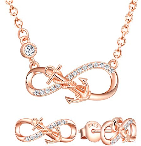 Yumilok Damen Schmuckset Halskette mit Anker Unendlichkeit Anhänger & Damen Ohrstecker Ohrringe aus 925 Sterling Silber Roségold