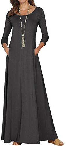 Jacansi Women Crew Neck 3/4 Sleeve House Lounge Long Dress Tunic Dress Dark Gray 2XL