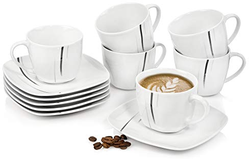 SÄNGER | Kaffeeservice Bilgola Black Lines aus Porzellan, Kaffee Geschirrset für 6 Personen, Tassen & Untersetzer Set, Weiß mit Schwarzen Linien 150 ml | PREMIUM COLLECTION