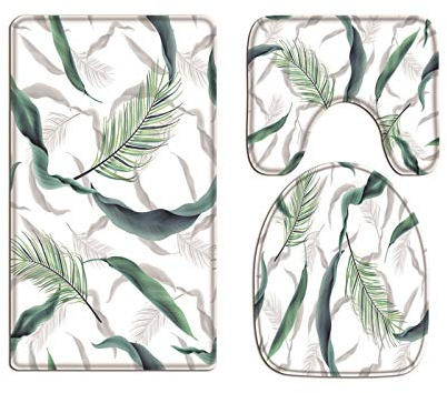 A.Monamour Badezimmer Badematte 3 Teilig Set Aquarell Bunte Tropische Blätter Botanisch Thematisiert Flanell WC Toilette Deckel Deckt Bad Matte Teppich Badteppiche Badvorleger Badgarnitur Vorleger