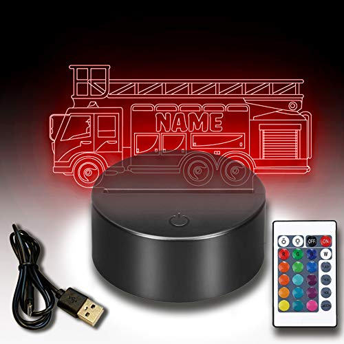 jovalus 3d LED Nachtlicht Feuerwehrauto personalisiert mit deinem Wunsch Namen Inklusive Fernbedienung USB Kabel 7 Farben. Als Deko oder Nachttisch Lampe für Feuerwehrler oder als Feuerwehrgeschenk