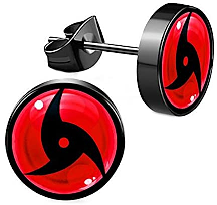 CHICNET Edelstahl Ohrstecker schwarz 8mm rot Sharingan Auge Anime Manga Ohr Schmuck Chirurgenstahl Unisex Männer Damen Herren Itachi