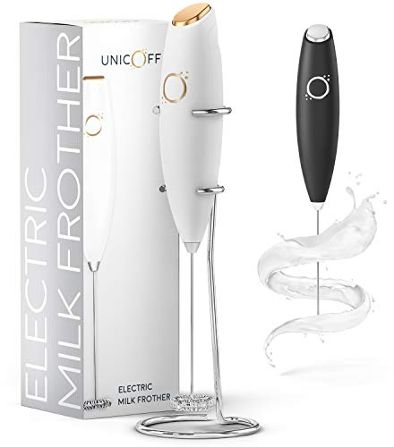 Milk Frother White - Coffee Frother Handheld with Electric Whisk - 19000 rpm - Book Recipes and Stainless Steel Stand Included - Hand Mixer Electric (White and Gold)