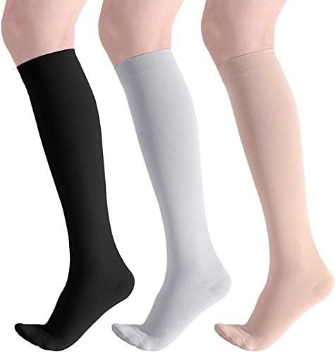 sinocare Stützstrümpfe Damen Medizinisch 3 Paar, Kompressionsstrümpfe Herren 23-32 mmHg, Compression Socks Kompressionsstrümpfe Klasse 2 Kompressionssocken (S/M, Schwarz/Fleisch/Grau)