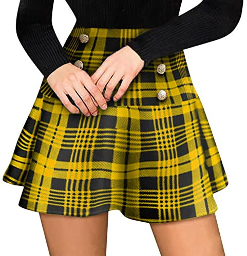 TIMIYUYU Damen Mädchen Kariert Röcke Hohe Taille A Linie Minirock Basic Mini Rock Elegant Büro Rock Karo Muster Röcke Casual Damenrock Kurzrock Bodycon Skater Röcke (Gelb, M)