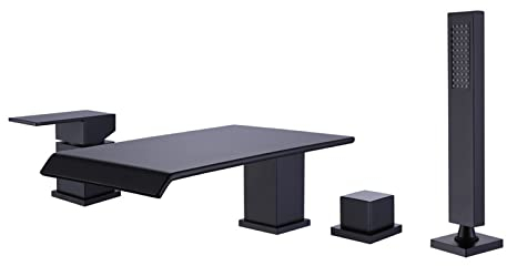 Wannenrandarmatur 4 Loch Badewannenarmatur Wasserfall Mischbatterie Badewanne mit Brause Wannenarmatur mit Handbrause Schwarz