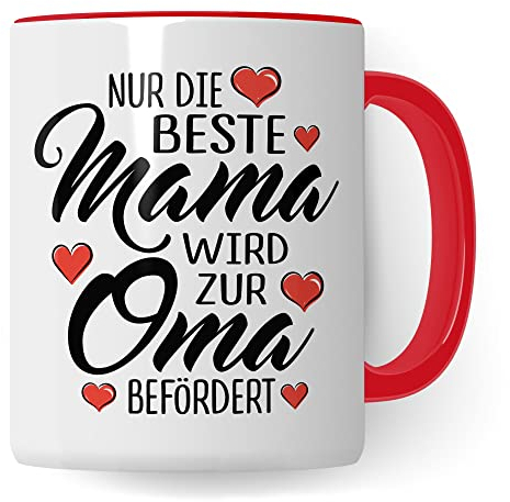 Oma Tasse mit Spruch, Nur die beste Mama wird zur Oma befördert, Geschenk Großmutter, Baby Ankündigung Reveal Geschenkidee Kaffeetasse Enkel (Weiß/Rot)