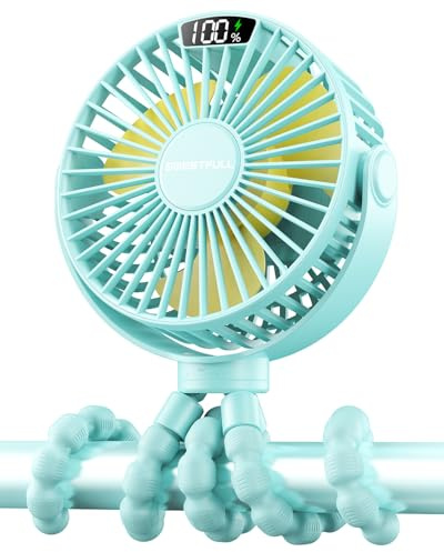 SWEETFULL Tragbarer Kinderwagen-Ventilator, LED-Display, 6000 mAh, batteriebetrieben, Mini-Clip-Ventilator, 4 Geschwindigkeiten, wiederaufladbar, Laufband, Reisen (Cyan)
