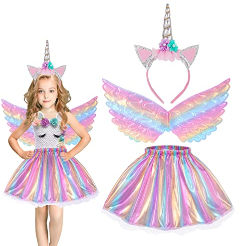 Hifot Deguisement Princesse Enfant Licorne Fille, Jupe Tutu Avec Ailes Bandeau Licorne,Robe Princesse Fille Licorne pour Carnaval Fête Anniversaire Cadeaux