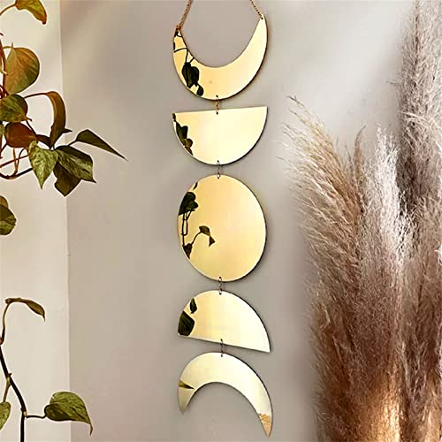 Sarah Duke Spiegel Acryl Wandbehang, Mondphase Girlande WandSpiegel Mond Stern Wanddekor Boho Phase Wandteppich Schlafzimmer Wanddeko (Gold)