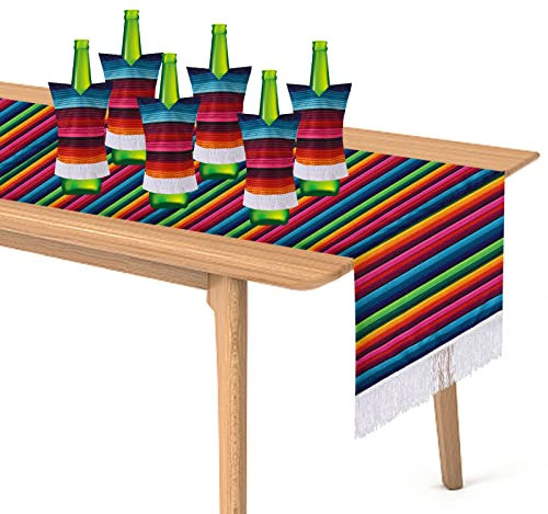 Mexikanischer Tischläufer,85*9.9 Zoll Mexikanischer Serape Tischläufer,Gewebter Tischläufer für mexikanische Party,5 Pcs Weinflaschenabdeckungen,Bunt gestreifter Tischläufer,mexikanische Fiesta